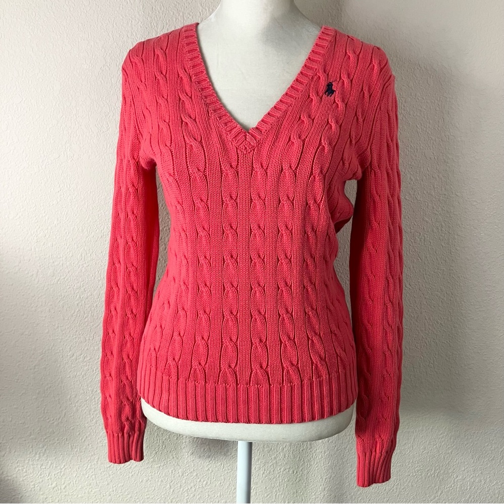 RALPH LAUREN SPORT Cable Knit Sweater S Cotton V-neck Tennis Preppy Old Money
